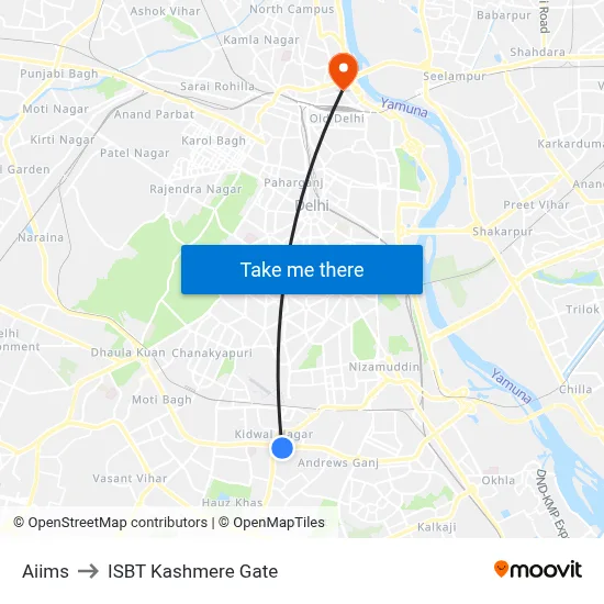 Aiims to ISBT Kashmere Gate map