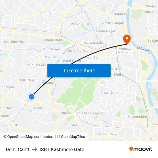 Delhi Cantt to ISBT Kashmere Gate map