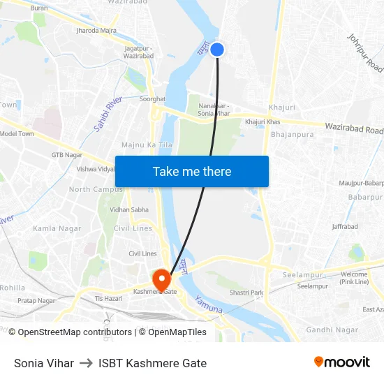 Sonia Vihar to ISBT Kashmere Gate map