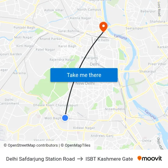 Delhi Safdarjung Station Road to ISBT Kashmere Gate map