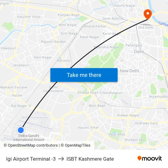 Igi Airport Terminal -3 to ISBT Kashmere Gate map
