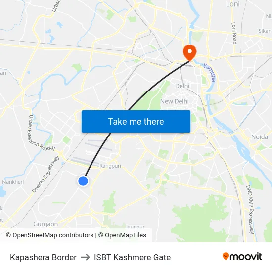 Kapashera Border to ISBT Kashmere Gate map