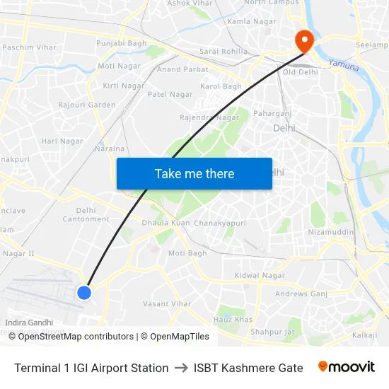 Terminal 1 IGI Airport Station to ISBT Kashmere Gate map