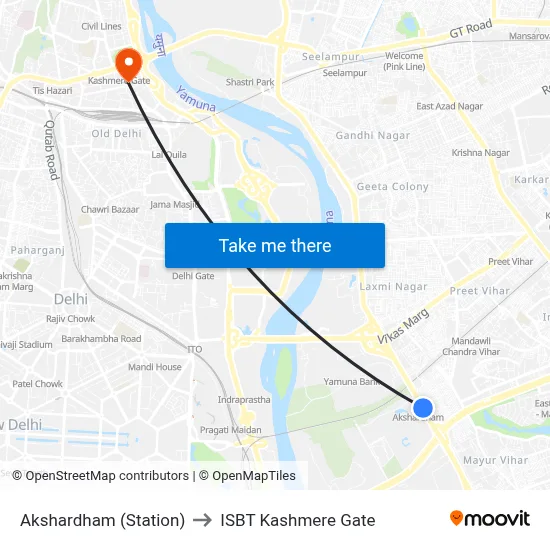 Akshardham (Station) to ISBT Kashmere Gate map