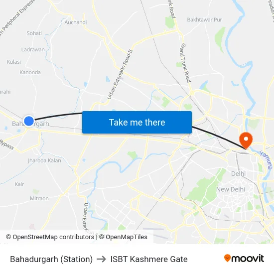 Bahadurgarh (Station) to ISBT Kashmere Gate map