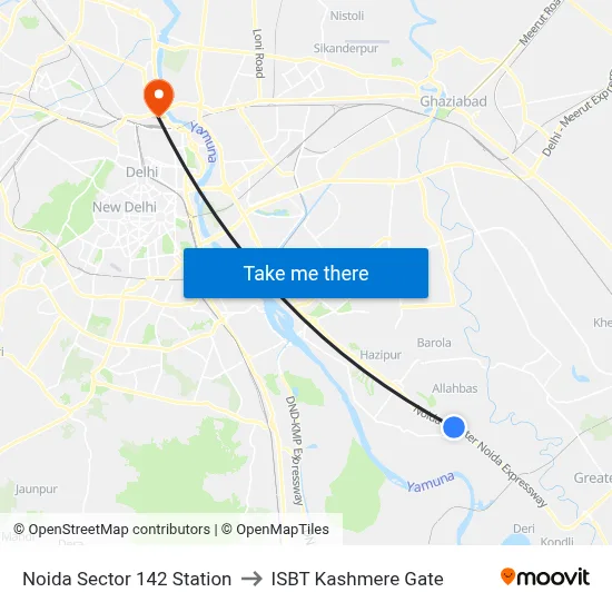 Noida Sector 142 Station to ISBT Kashmere Gate map
