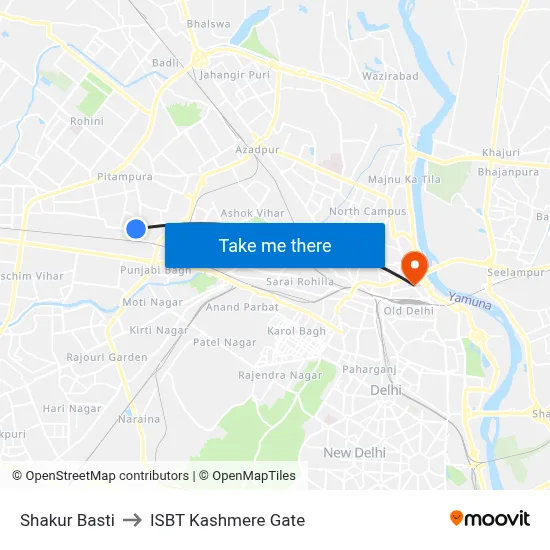 Shakur Basti to ISBT Kashmere Gate map