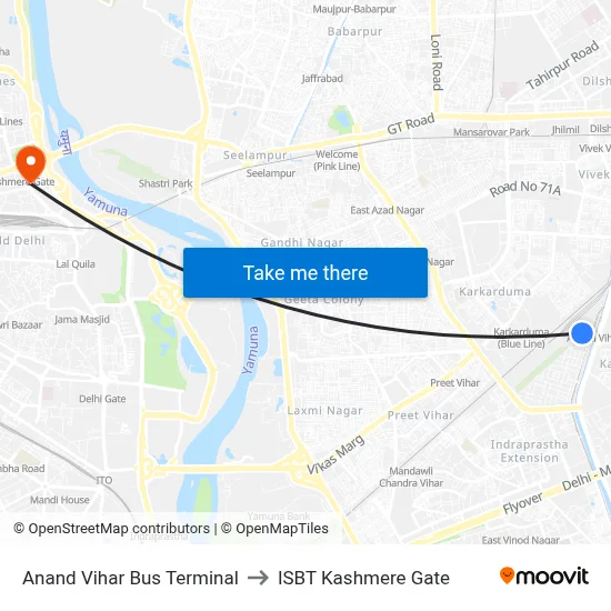 Anand Vihar Bus Terminal to ISBT Kashmere Gate map