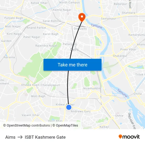 Aims to ISBT Kashmere Gate map