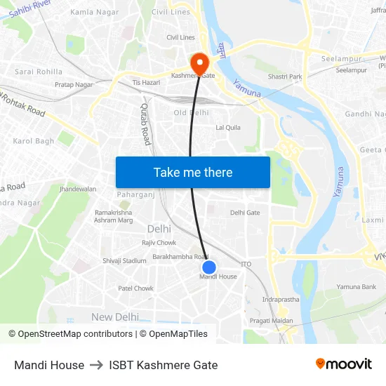 Mandi House to ISBT Kashmere Gate map