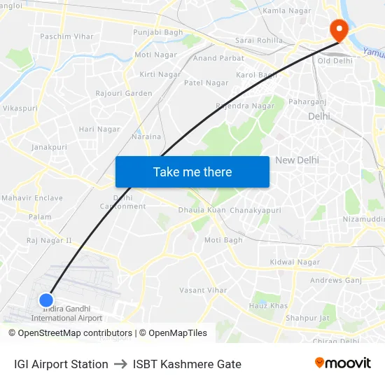 IGI Airport Station to ISBT Kashmere Gate map
