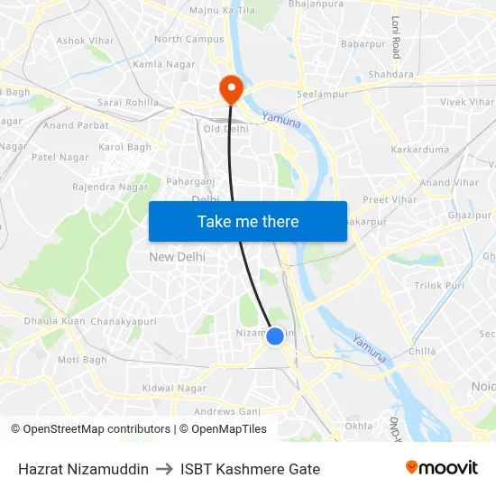 Hazrat Nizamuddin to ISBT Kashmere Gate map