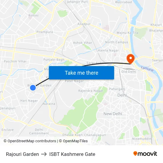 Rajouri Garden to ISBT Kashmere Gate map