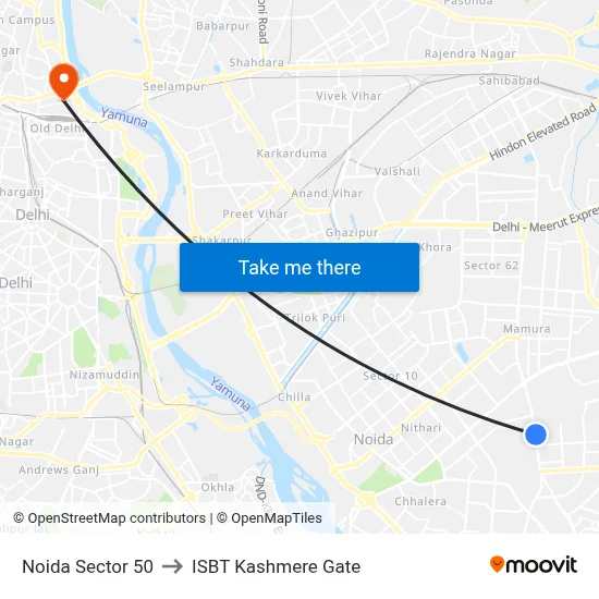Noida Sector 50 to ISBT Kashmere Gate map