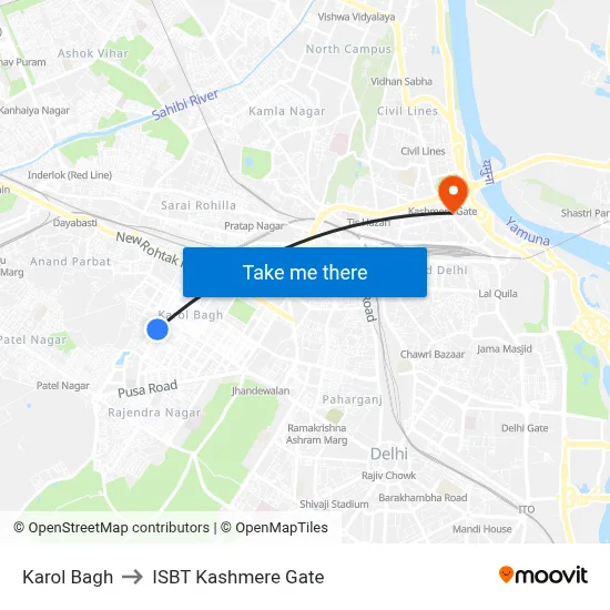 Karol Bagh to ISBT Kashmere Gate map