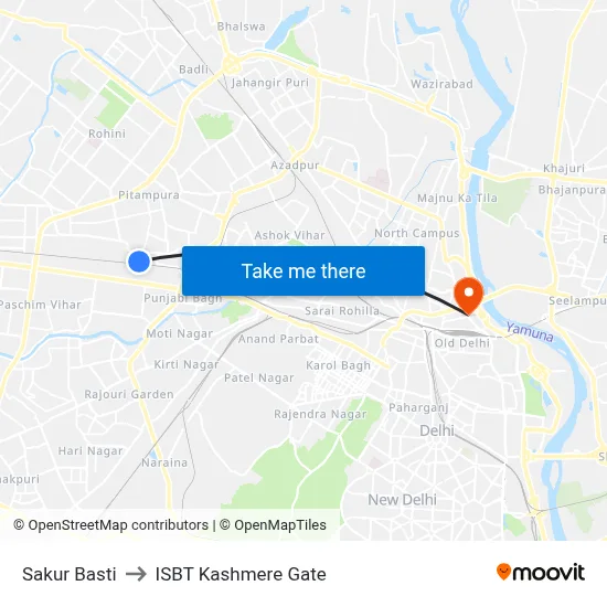 Sakur Basti to ISBT Kashmere Gate map