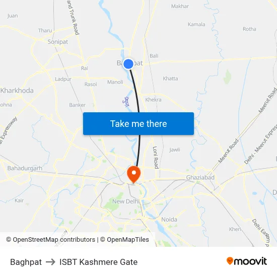 Baghpat to ISBT Kashmere Gate map