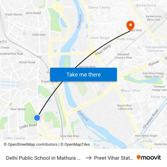 Delhi Public School in Mathura Road, Dr. Zakir Hussain Marg, Delhi Golf Club, Golf Links, New Delhi to Preet Vihar Station map