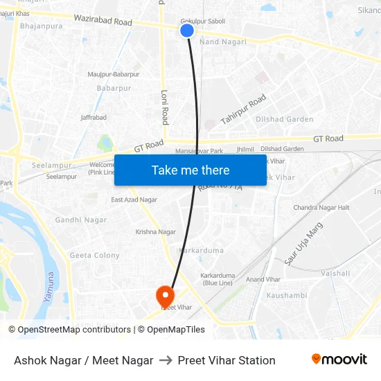 Ashok Nagar / Meet Nagar to Preet Vihar Station map
