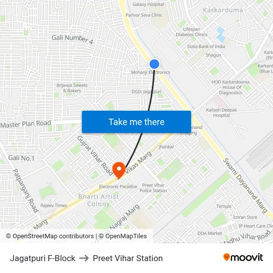 Jagatpuri F-Block to Preet Vihar Station map