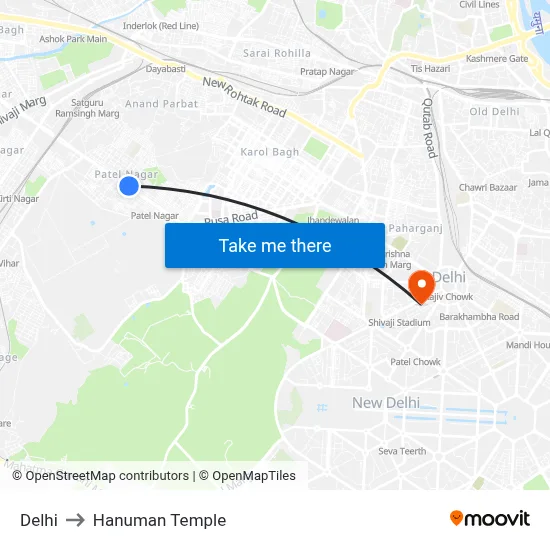 Delhi to Hanuman Temple map