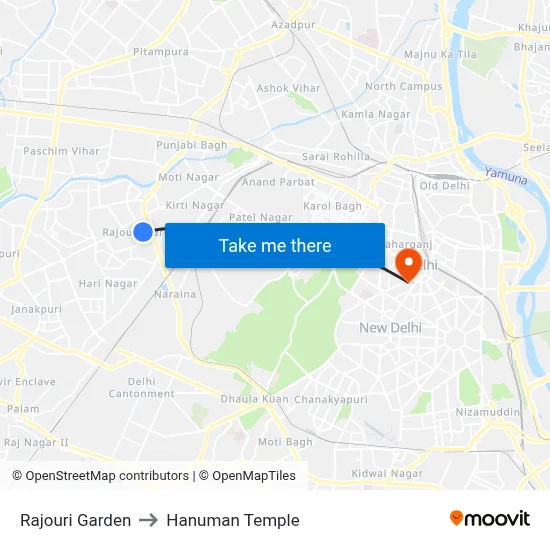 Rajouri Garden to Hanuman Temple map