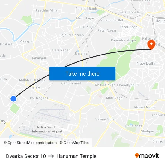 Dwarka Sector 10 to Hanuman Temple map