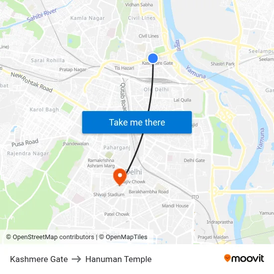 Kashmere Gate to Hanuman Temple map