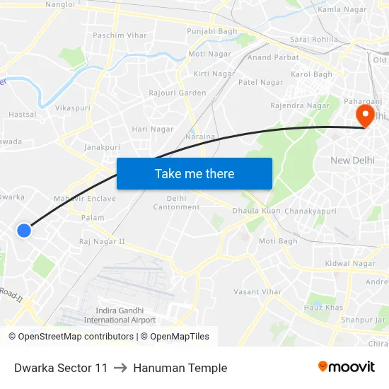 Dwarka Sector 11 to Hanuman Temple map