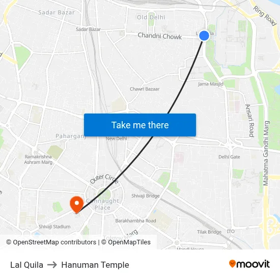 Lal Quila to Hanuman Temple map