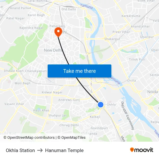 Okhla Station to Hanuman Temple map