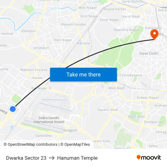 Dwarka Sector 23 to Hanuman Temple map
