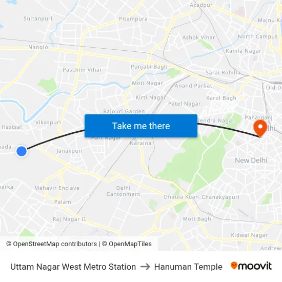 Uttam Nagar West Metro Station to Hanuman Temple map