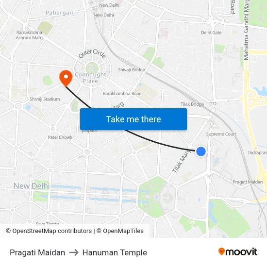 Pragati Maidan to Hanuman Temple map