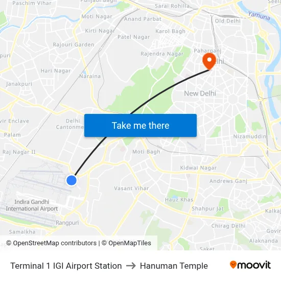 Terminal 1 IGI Airport Station to Hanuman Temple map
