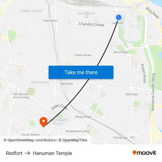 Redfort to Hanuman Temple map