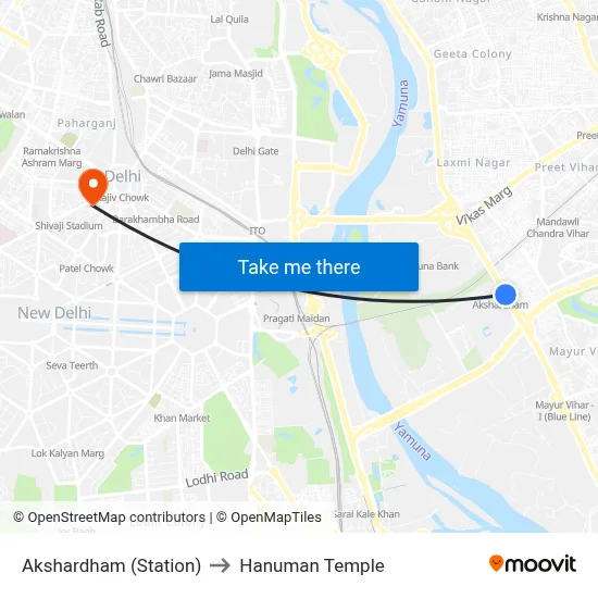 Akshardham (Station) to Hanuman Temple map