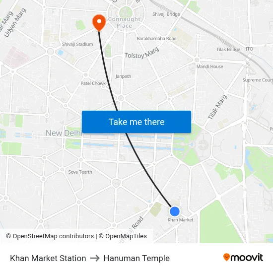 Khan Market Station to Hanuman Temple map