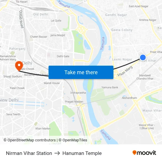 Nirman Vihar Station to Hanuman Temple map