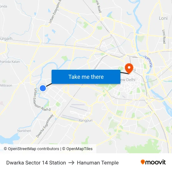 Dwarka Sector 14 Station to Hanuman Temple map