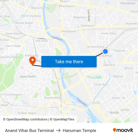 Anand Vihar Bus Terminal to Hanuman Temple map