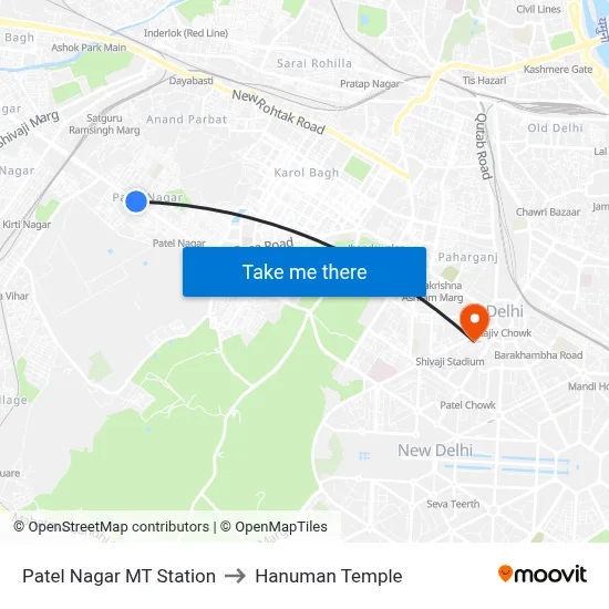 Patel Nagar MT Station to Hanuman Temple map