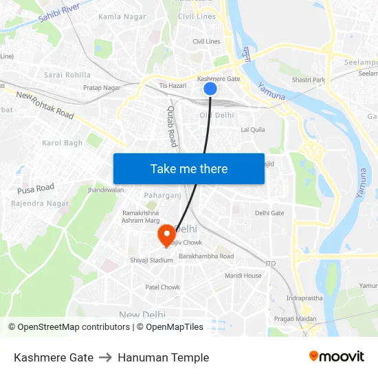 Kashmere Gate to Hanuman Temple map