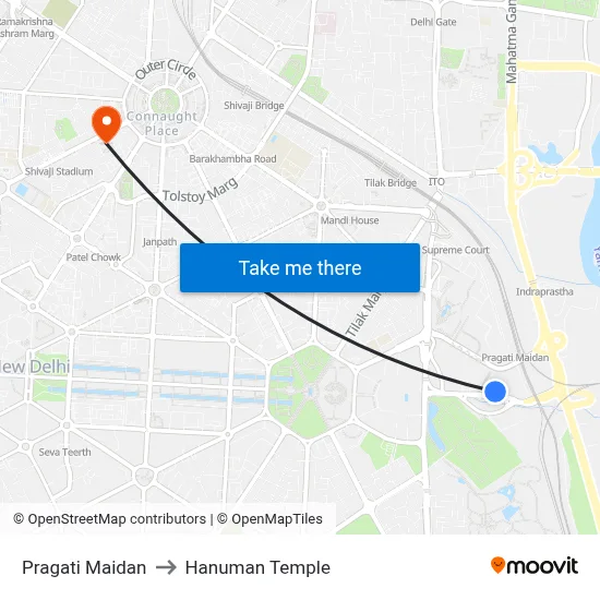Pragati Maidan to Hanuman Temple map