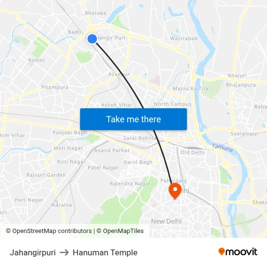 Jahangirpuri to Hanuman Temple map