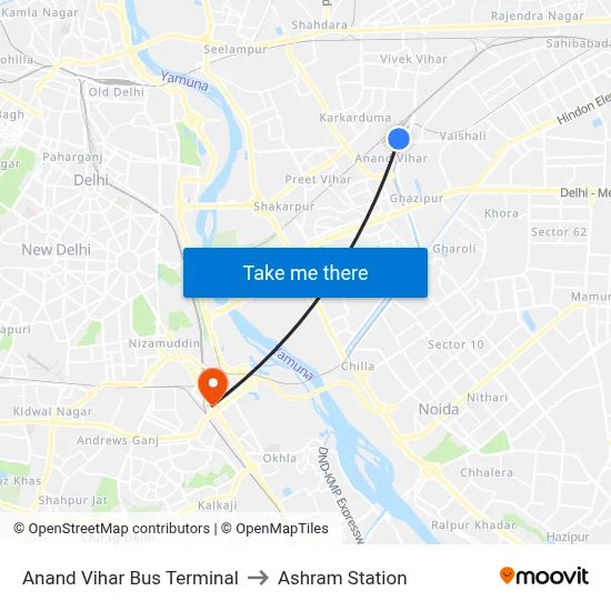Anand Vihar Bus Terminal to Ashram Station map