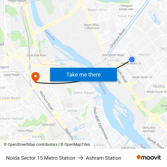 Noida Sector 15 Metro Station to Ashram Station map