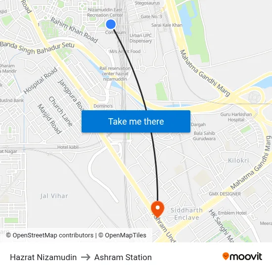 Hazrat Nizamudin to Ashram Station map