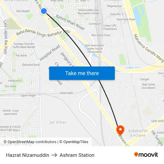 Hazrat Nizamuddin to Ashram Station map