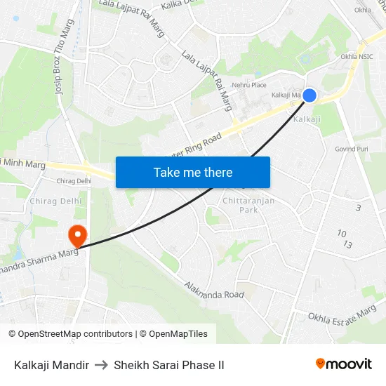 Kalkaji Mandir to Sheikh Sarai Phase II map